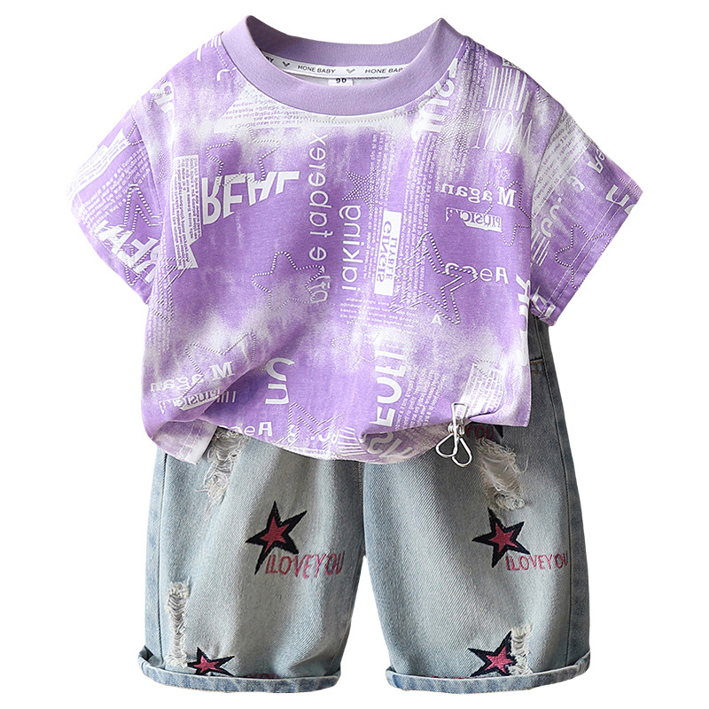 7277 Traje de camiseta de manga corta para niños 2025 nueva ropa delgada de verano para niños, traje de verano de dos piezas de verano