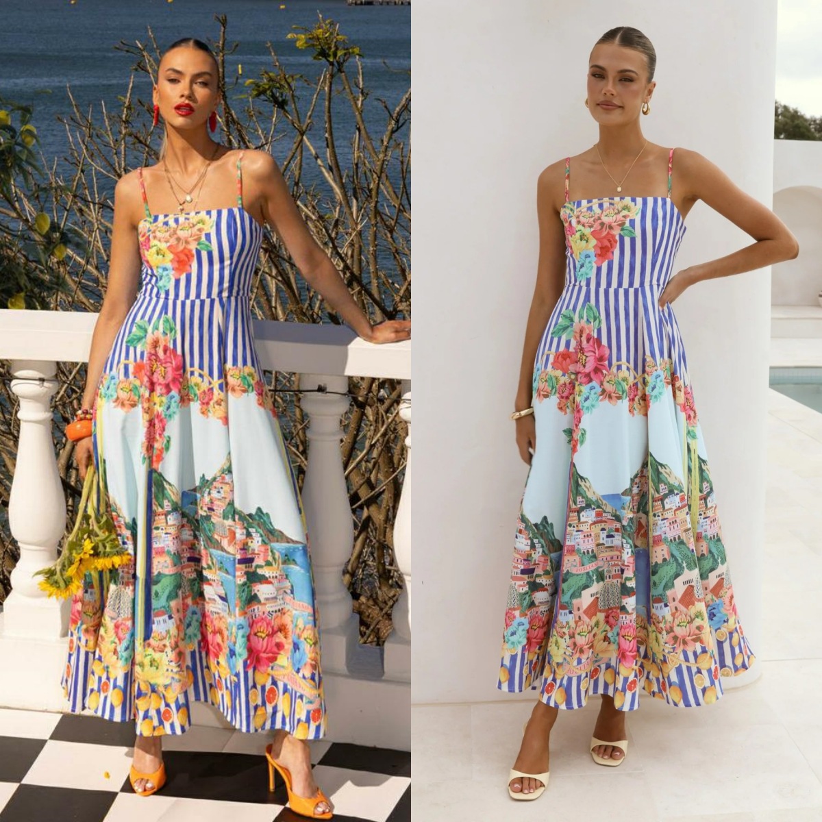 2026 European and American Cross-Border Independent Site Amazon New Dress with Positioning Print A-Line Elegant Strap Dress