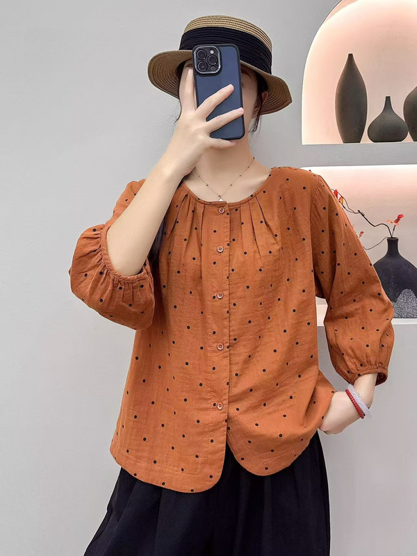 文艺小碎花印花圆领双层棉纱衬衫女秋季新款宽松大码休闲显瘦上衣|undefined