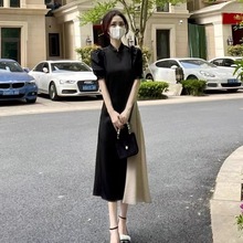 夏季长裙复古新中式女装国风改良旗袍黑色连衣裙子年新款春装