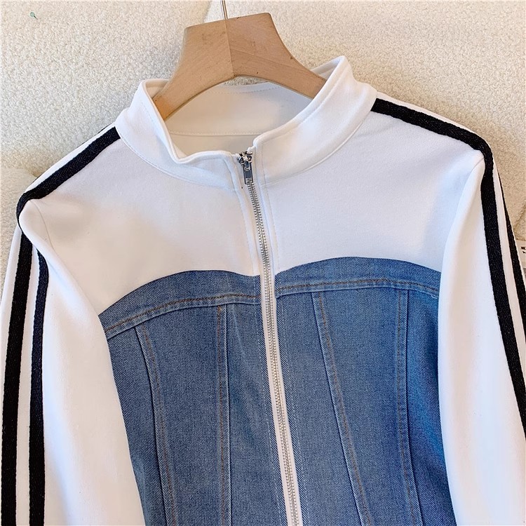 K Fashion Zipper Two-piece Long Sleeved Set For Women, New Denim Patchwork Top, Wide Leg Pants_ecoleips.com