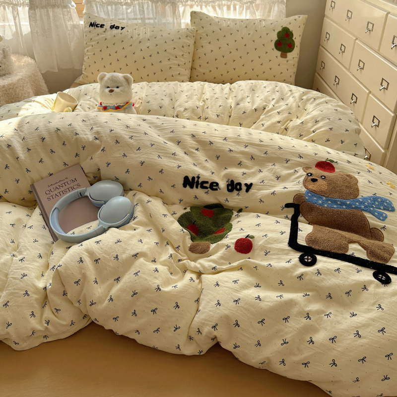 Class a Pure Cotton Towel Embroidered Bedding Four-Piece Set Ins Cartoon Cotton Bed Bed Sheets Quilt Cover Student Dormitory Three-Piece Set