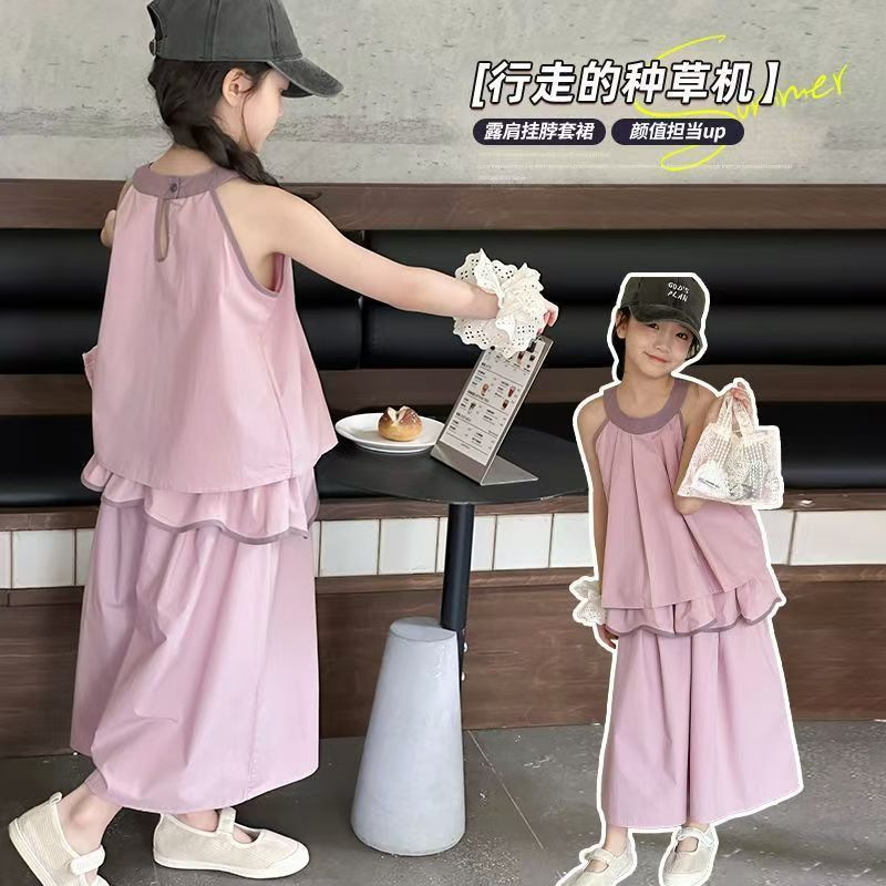 Traje para niñas Primavera y verano 2025 nuevo estilo estilo occidental chaleco sin mangas para niños pantalones anchos traje de dos piezas vestido de verano para niños de mediana edad