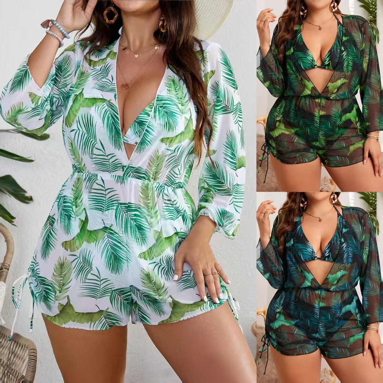 New Plus-Size Swimsuit, Feminine Printed Bikini Three-Piece Set with Mesh Cover-Up, Slimming Swimwear Set