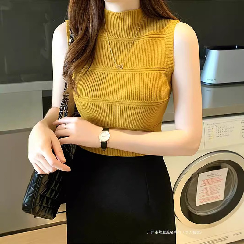 Half Suit Turtleneck Knitwear Knitwear Bottoming Shirt Season Inner Camisole Women's Summer Short Sleeveless Tight Top