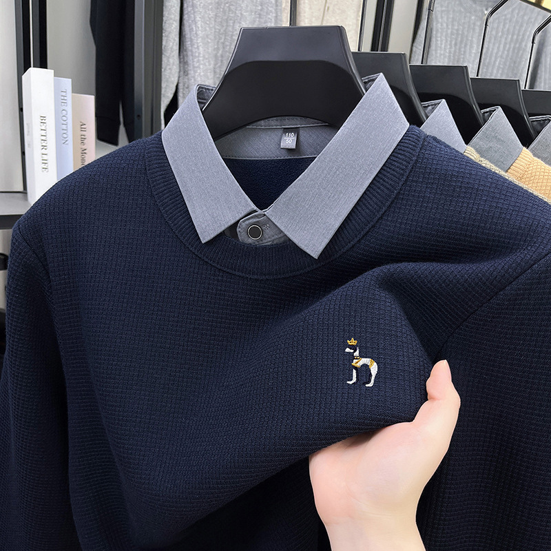 Winter Fleece-Lined Thickened Men's Embroidered Sweatshirt, New Style with Patchwork Shirt Collar, Faux Two-Piece, Warm Long-Sleeve Business Men's Wear