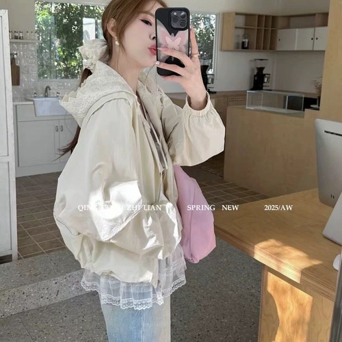 Lace patchwork cap sleeve women's thin jacket for 2025 spring and summer fashion, versatile and flattering sun protection top