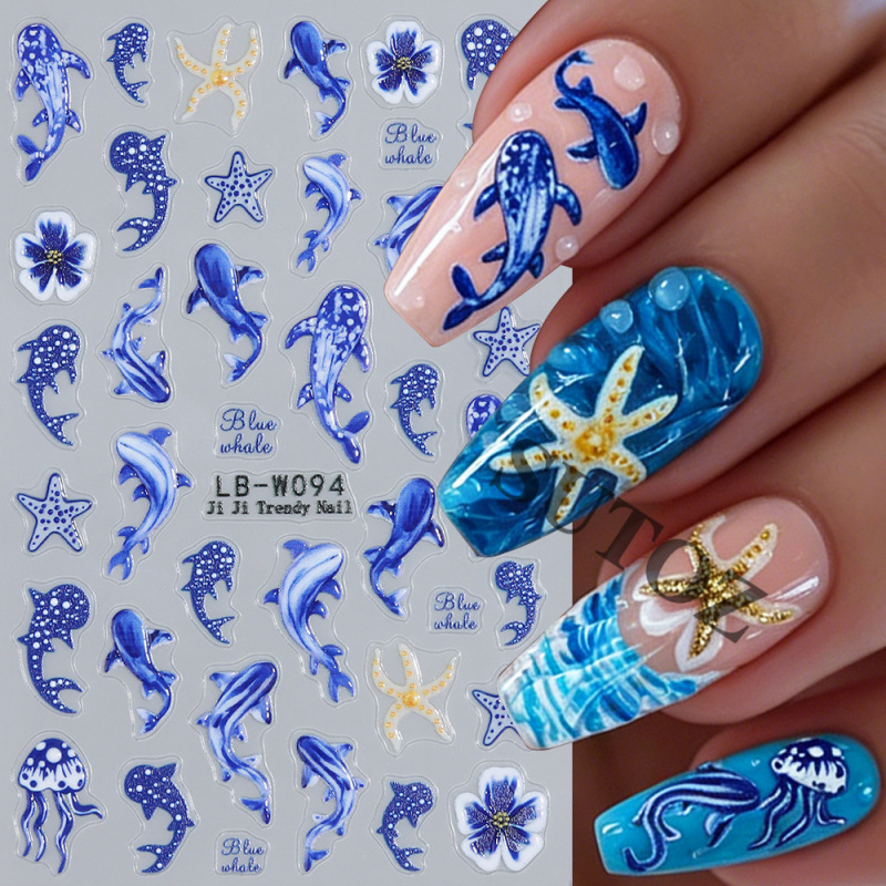 Summer Ocean-Themed Waterproof Nail Stickers with Blue Whale, Dolphin, and Starfish Elements, Versatile and Fresh for Young Girls' Nails