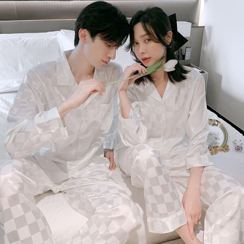 Couple Pajamas Women's Summer Ice Silk Short Sleeve Shorts White Square New Summer Silk Men's suit Home Clothes