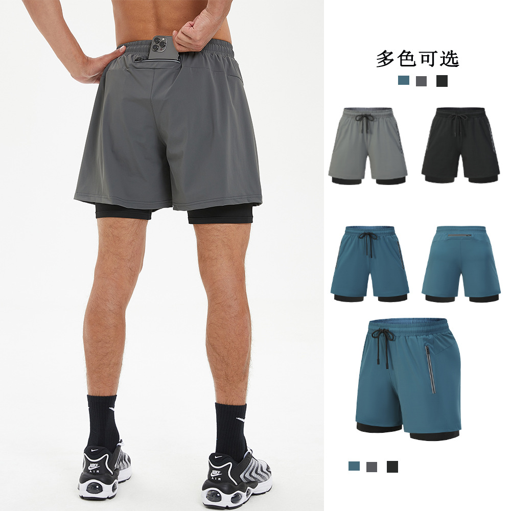 Pantalones cortos deportivos de secado rápido de los hombres de verano forro de doble capa de alta elasticidad para correr pantalones laterales transpirables con cremallera en stock al por mayor