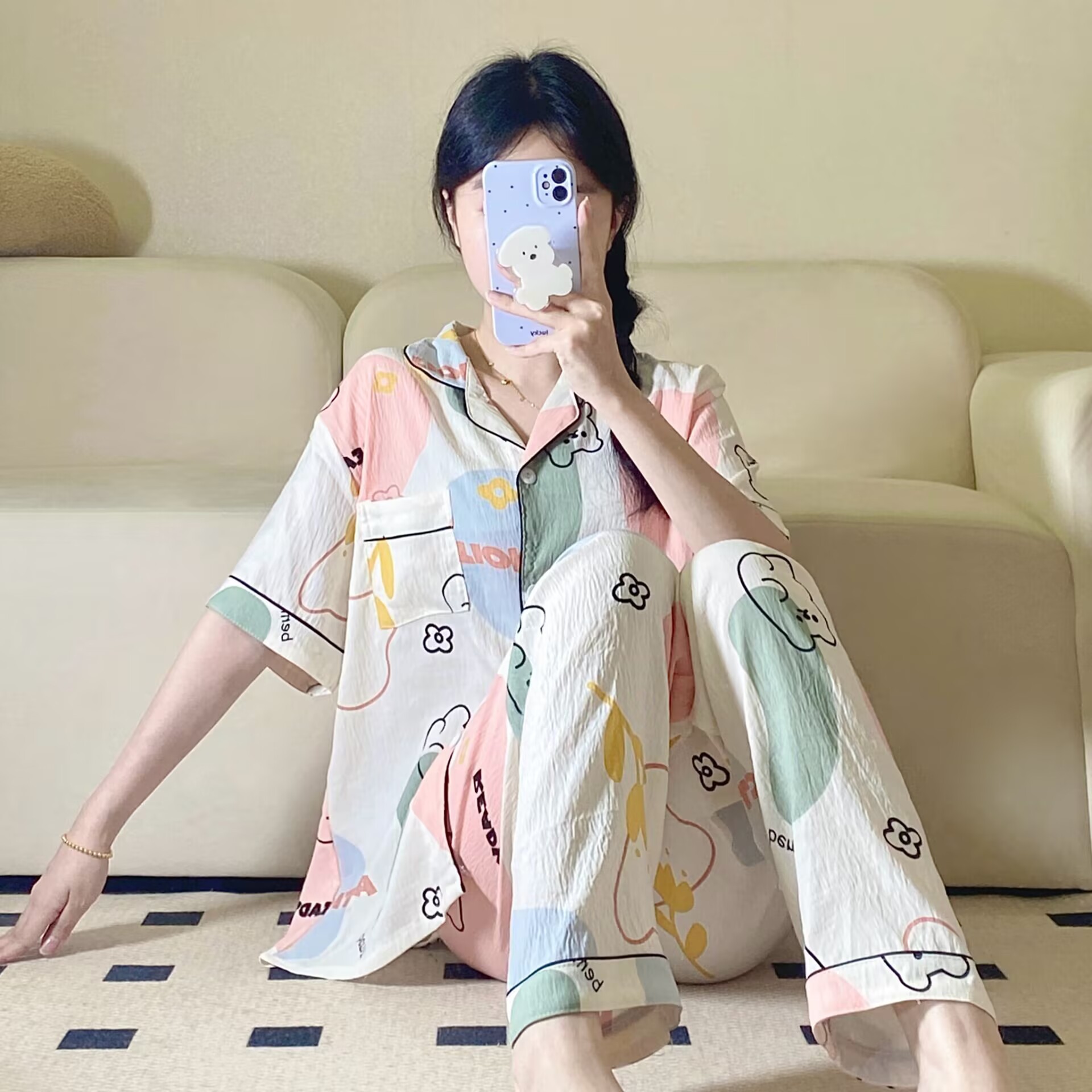 Verano nuevo pijama de amor mujer adorable oso simple ocio delgado nubes algodón ropa doméstica dos piezas conjunto al por mayor