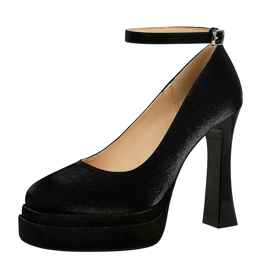 8321 European American Style Round Toe Satin Strap High-heeled With Shallow Platform And Chunky Heel, Ultra-high Heel_vogvips.com