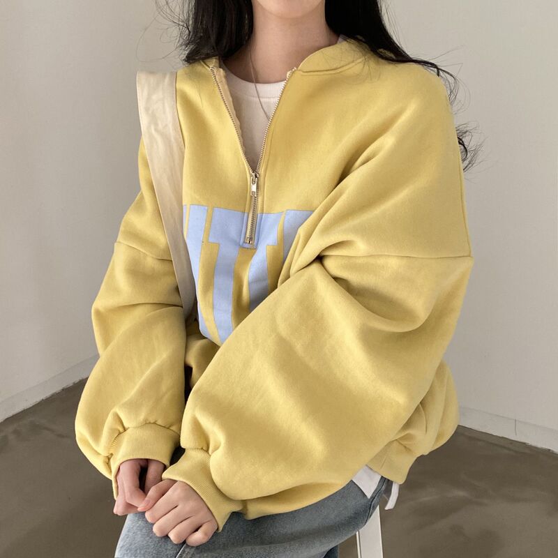 Autumn New Niche Versatile Stand-Collar Color-Block Letter Print Design Loose-Fitting Versatile Long-Sleeve Sweatshirt for Women