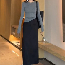 春季修身显瘦气质圆领针织衫长袖内搭打底上衣+开叉半身裙套装