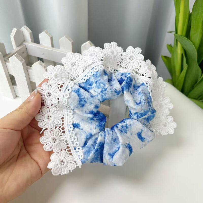 2025 new ethnic blue lace hair ring Yunnan Dali blue jewelry blue lace large intestine hair ring