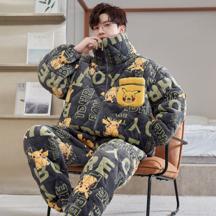 Pajamas Men's Winter Thickened fleece-lined Three-Layer Quilted Warm Coral Fleece Autumn and Winter Men's Home Clothes Zipper Hooded