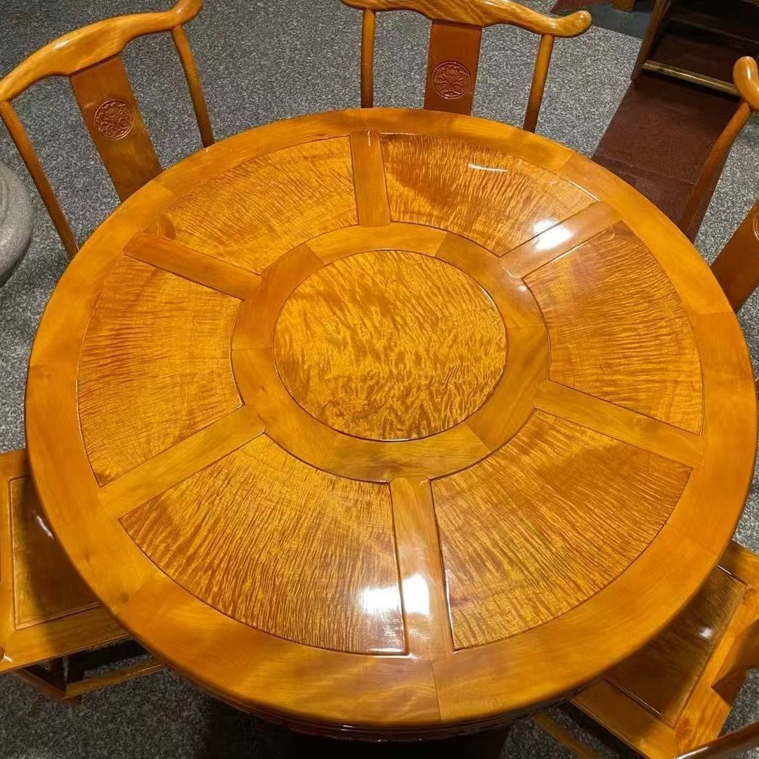 Factory Direct Sales Hand-Polished Mortise and Tenon Structure, High-End Large-Leaf Nan Round Dining Table Seven-Piece Set