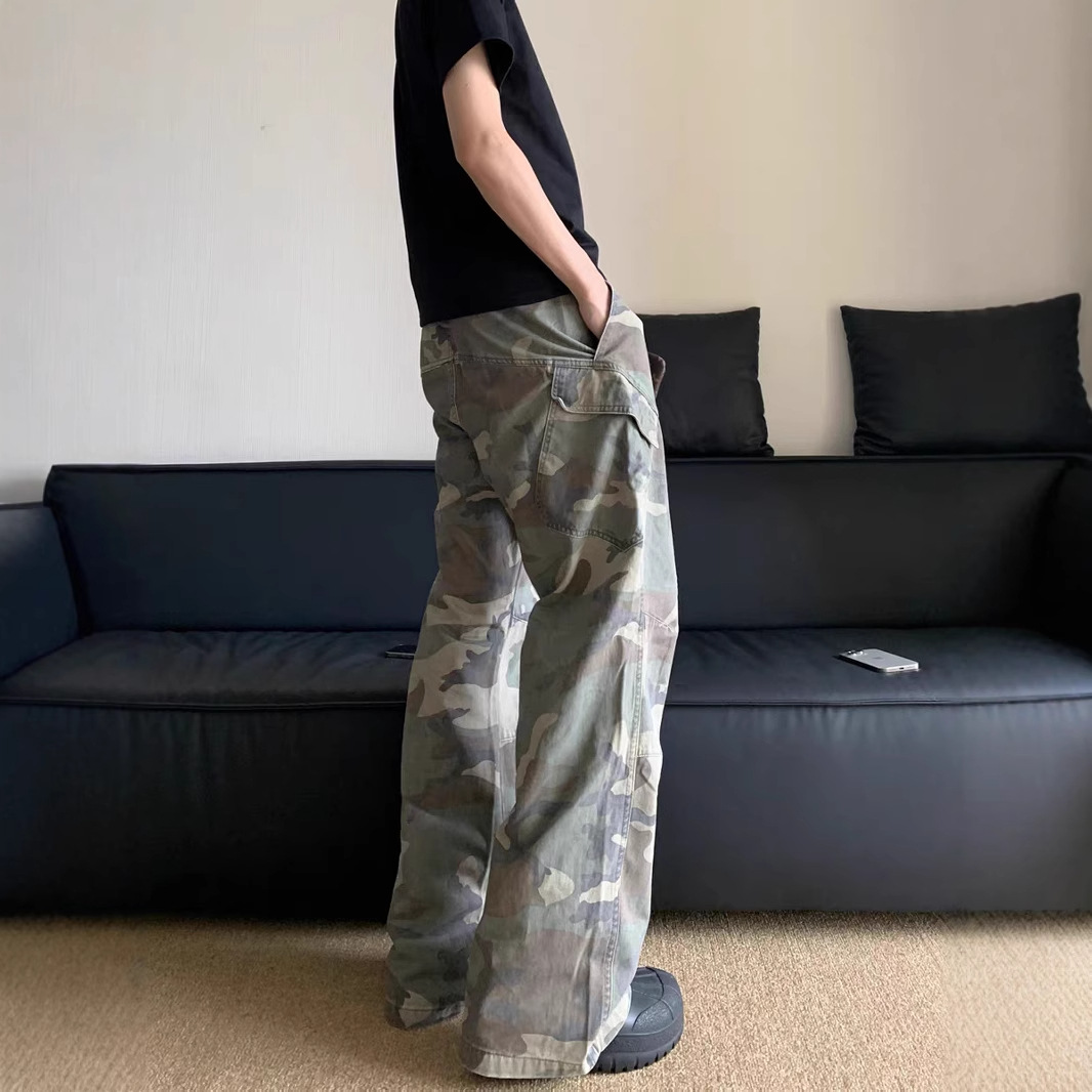 American Camouflage Caught Pants Men's Slim-Fit Straight Hipop Jeans High Street Multi-Pocket Vibe Micro-flared Trousers