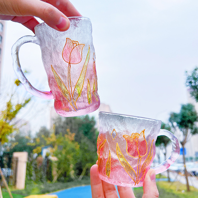 日式水晶玻璃冰川水杯茶杯手绘玫瑰杯牛奶咖啡杯情侣礼物杯