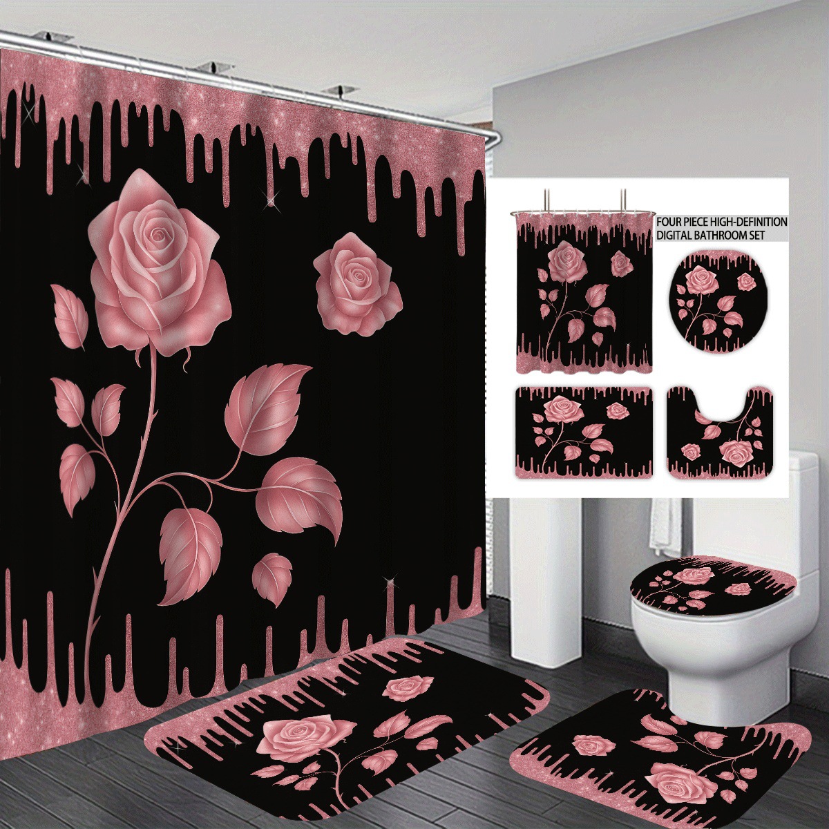 Agente de poliéster Mei Ke más cortina de baño impermeable serie de agua floral 3D impresión digital cortina de baño cuatro piezas alfombra absorbente
