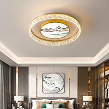 全铜吸顶灯 中国风山水画轻奢美式圆形超薄卧室灯客厅过道房间灯