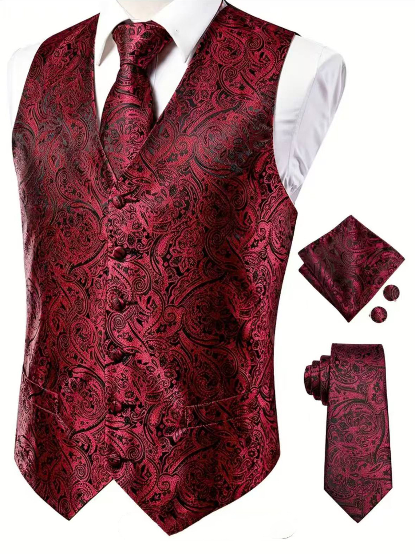 Herrväst paisley mönstrad set med slips och bröstnäsduk_voghion.com