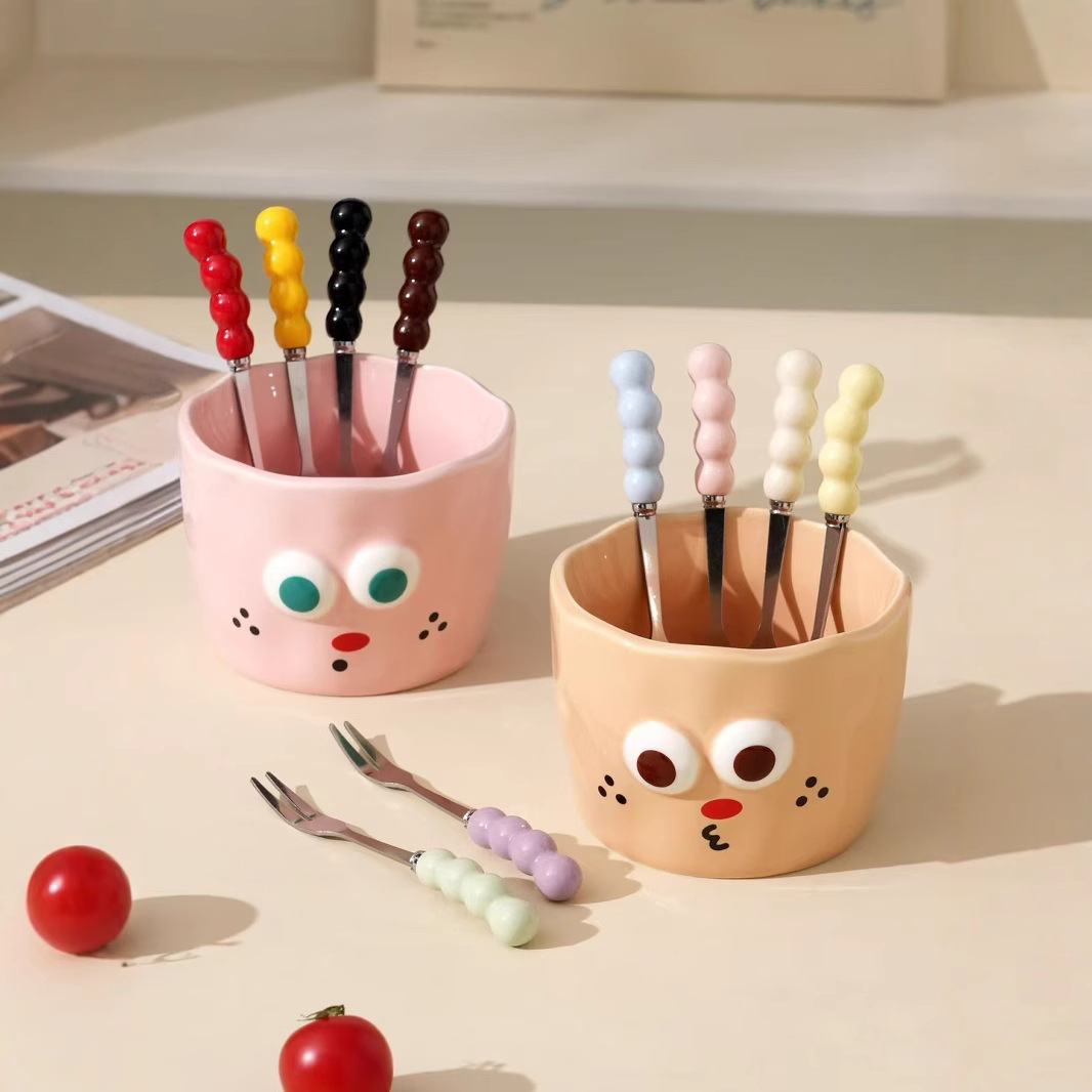 Emoticones lindos creativos, tenedor de fruta lindo, combinación de recuerdos personalizados, cuentas de dibujos animados, tenedor de postre de acero inoxidable