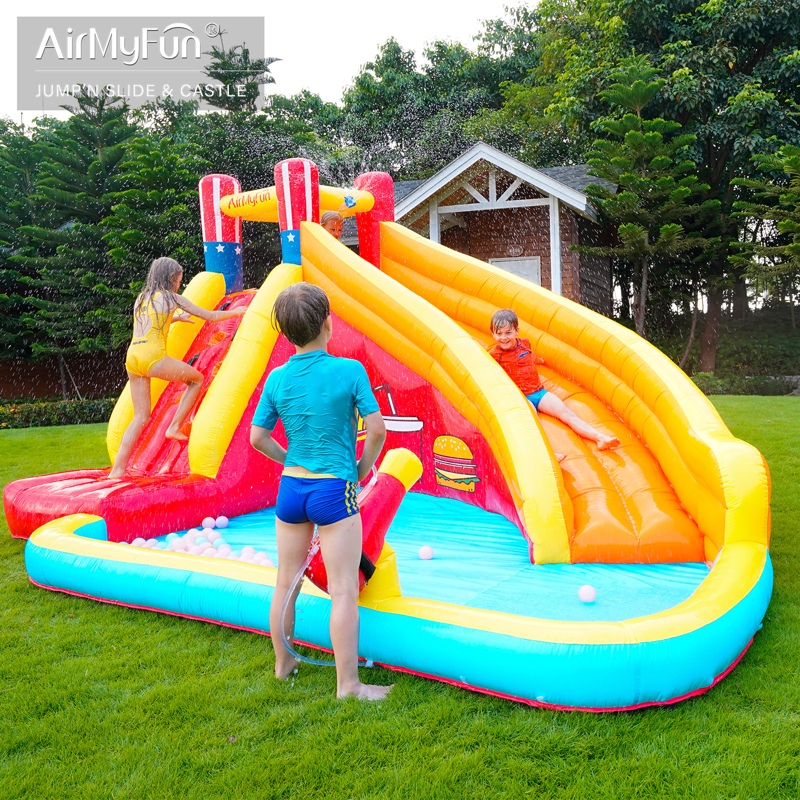 AMF | Castillo inflable pequeño para uso doméstico, tobogán infantil, tobogán acuático, trampolín inflable, pequeño castillo inflable para uso doméstico