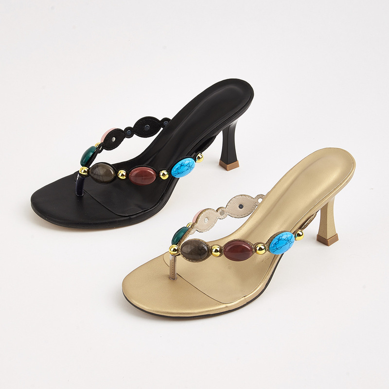 Women's New Bohemian Style Color Beaded Decoration Summer Beach Vacation Leisure Herrings Thin Heeled High Heeled Cool