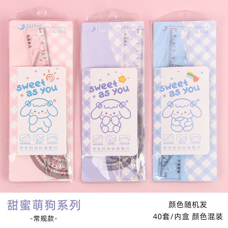 Cute dibujos animados regla personalizada estudiante multifuncional 20cm papelería triangular regla medidor de cuatro piezas al por mayor