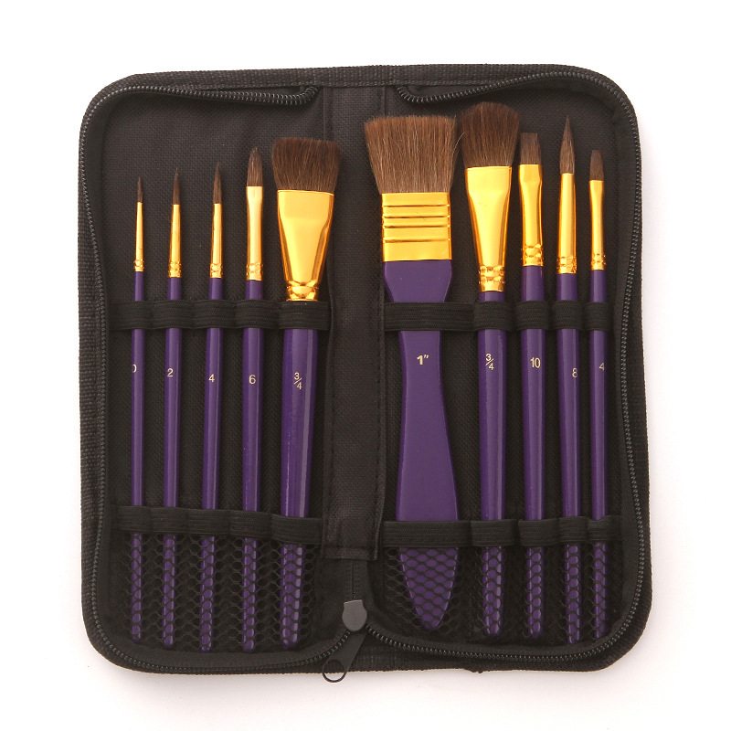 Suministro directo de fábrica 10 nylon lana acuarela cepillo con tablero cepillo bolsa de tela cepillo traje pintura suministros al por mayor