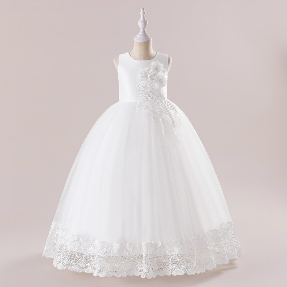 Robe De Princesse En Tulle Pour Fille - Sans Manches, Avec Nœud, Longueur Bal, Couleur Unie, Tissu Doux Et Brillant