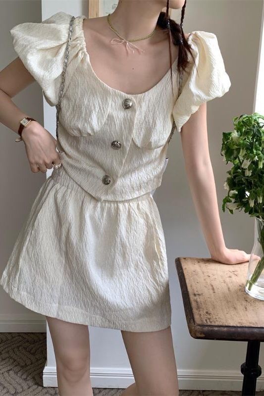 French Gentle Style Suit Skirt for Women Summer New Style Puff Sleeve Short Shirt Skirt Two-Piece Set