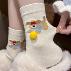 玩球小狗袜子女秋冬季加厚纯棉袜卡通可爱毛绒球球搞怪饰品中筒袜