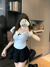 白色小猫印花娃娃领短袖T恤女夏季蝴蝶结修身韩系甜美设计感上衣