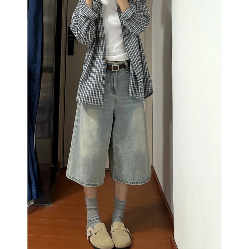 Women's Plus-Size Denim Cropped Pants, Slimming, Lazy Style, Wide-Leg Pants for Pear-Shaped Body, Loose Straight-Leg Pants