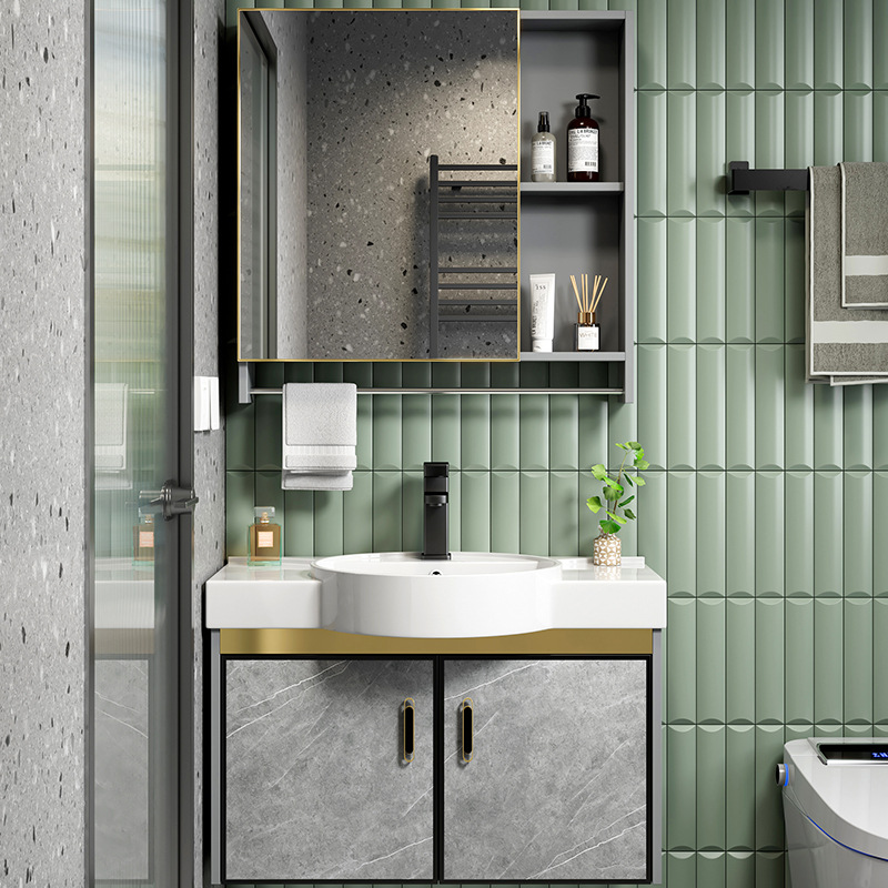 Mueble de baño de aluminio de espacio combinación baño lavabo de pared pequeño apartamento lavabo de cerámica balcón mesa de lavado