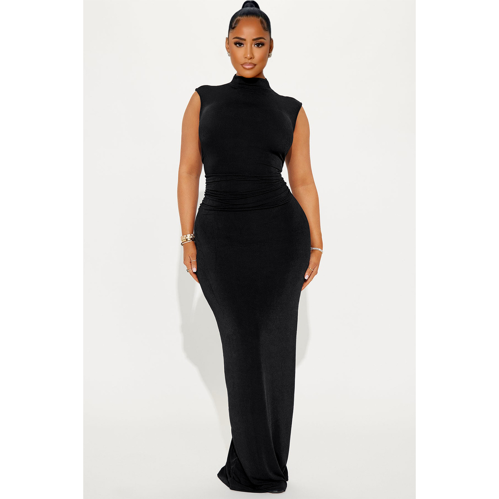 Women Clothing Goods Half Turtleneck Pleated Waist Slimming Sleeveless High Elastic Maxi Dress