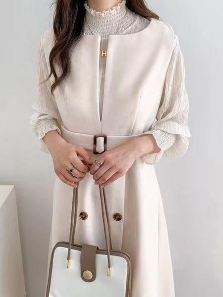 Vestido largo de lana sin mangas con doble botonadura y lazo en la cintura, estilo nuevo de otoño e invierno 2024, japonés y coreano image 2