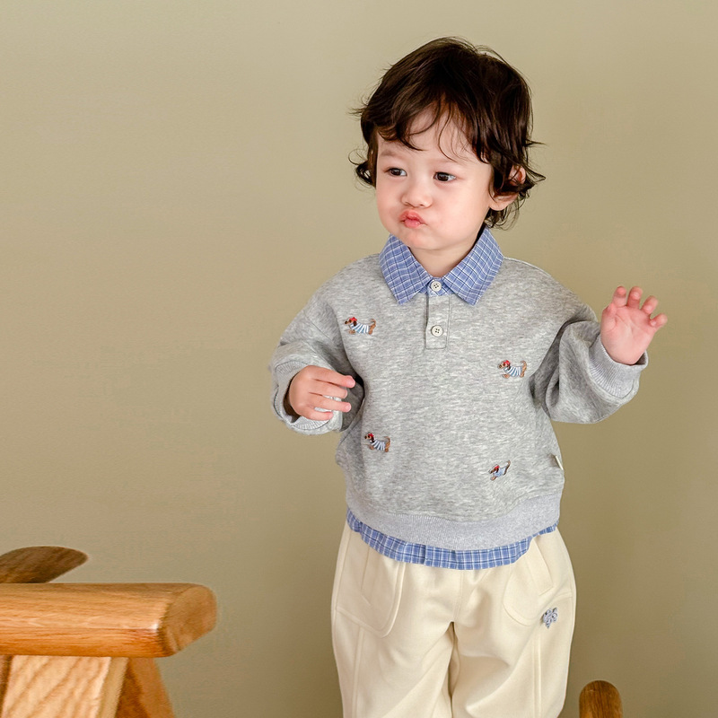 Children's Label Sweatshirt with Small Left and Right Details, Autumn Boys' Stylish Puppy Base Shirt, Trendy Baby Faux Two-Piece Pullover Children's Label Sweatshirt with Small Left and Right Details, Autumn Boys' Stylish Puppy Base Shirt, Trendy Baby Faux Two-Piece Pullover