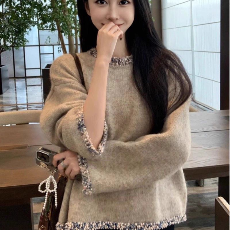 YS法式小香风复古短版重工马海毛针织衫女秋冬高级感宽松套头毛衣|undefined