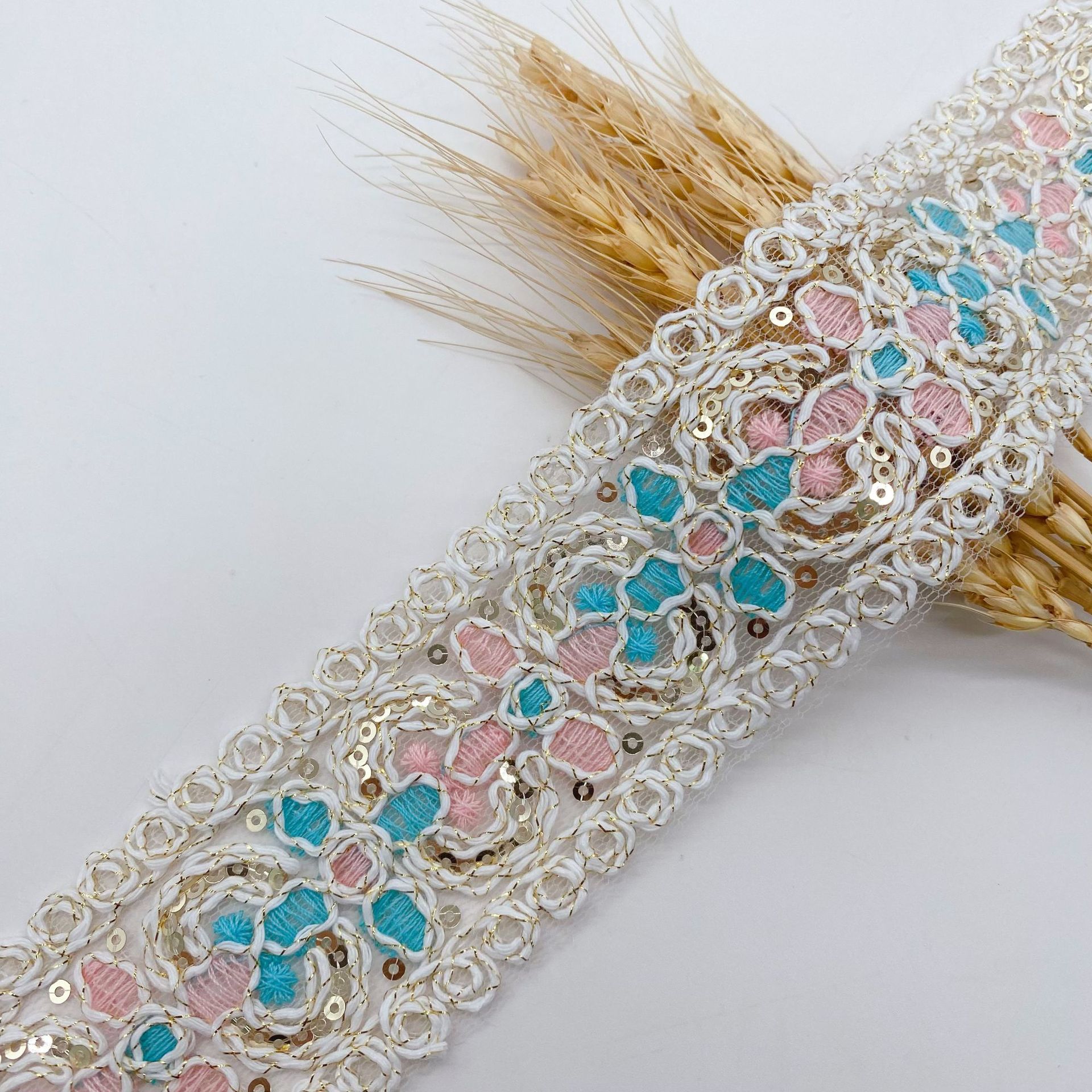 Accesorios de encaje de bordado étnico retro, malla, lentejuelas, bordado, ropa de bricolaje hecha a mano, accesorios de escote, código de barras de cinta