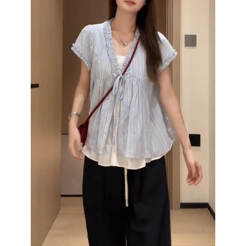 Áo sơ mi nữ giả hai mảnh tay ngắn sọc mỏng form rộng — Màu xanh lam