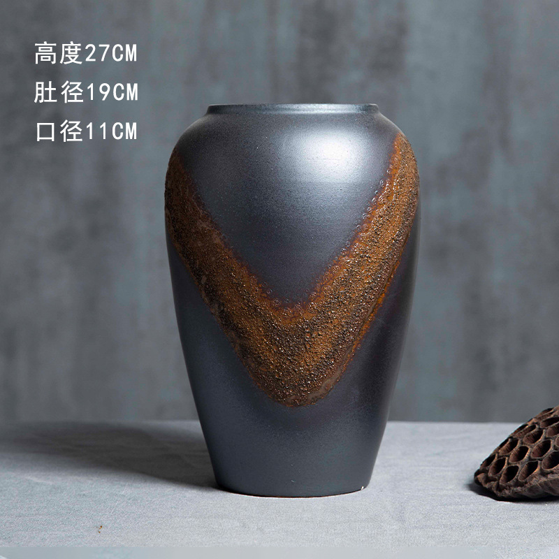景徳鎮の陶磁器の花瓶の置物の客間の生け花の新しい中国式の玄関の装飾品の花器の復古の太い陶缶の植木鉢|undefined
