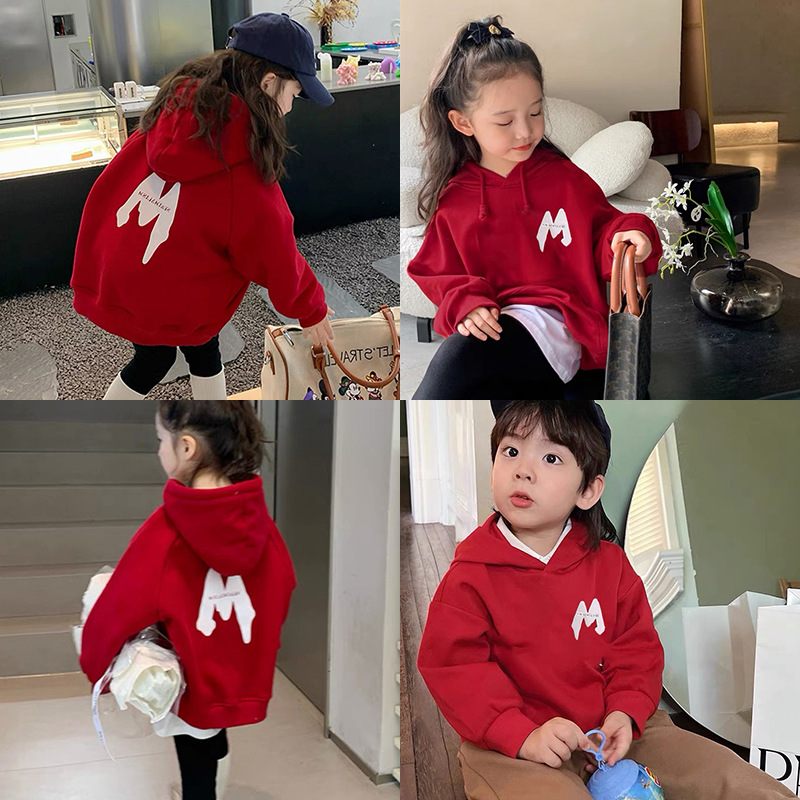 2023 nuevo rojo padre-hijo desgaste Otoño e Invierno suéter una tres boca cuatro boca desgaste todo a juego con capucha completa decoración del hogar