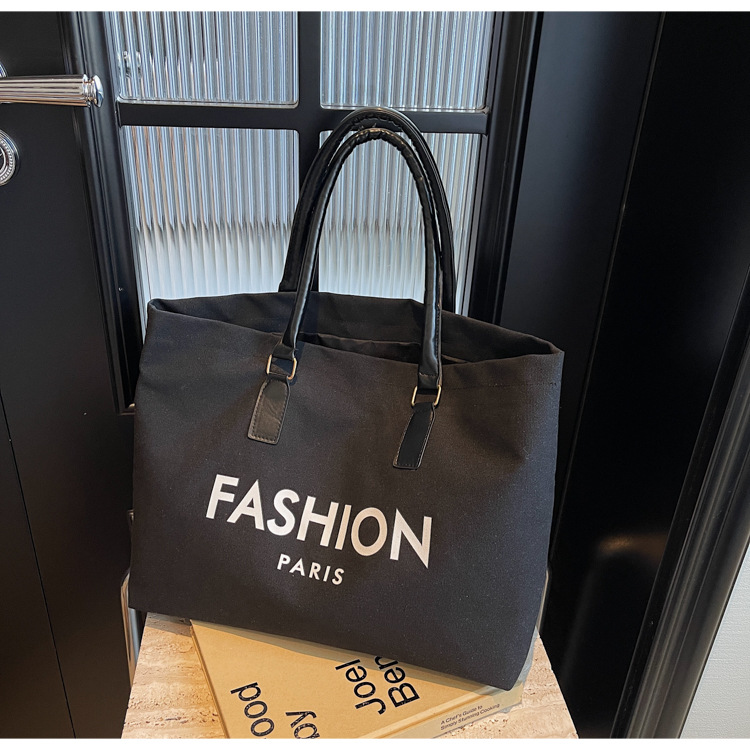 262g Weight Polyester Lining Material Open Closure Type Single Shoulder Strap Strap Type Tote Bag Bags Type Holiday, Daily Occasion Canvas Material Letter Pattern All Seasons Season Women's Gender Classic Style Style Square Shape Large Size Women's Large Canvas Letter Classic Style Square Open Tote Bag 16