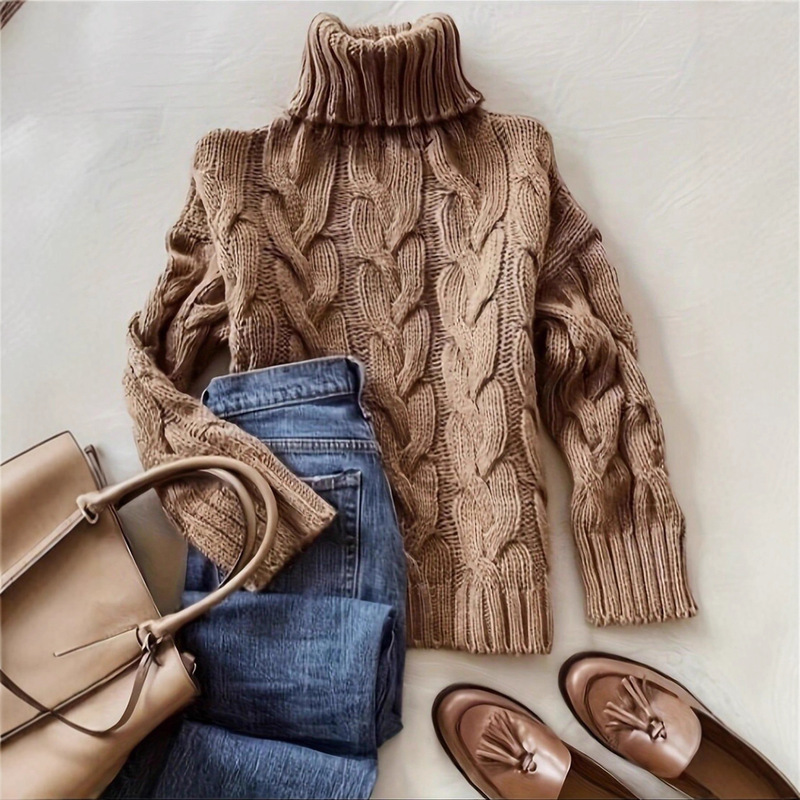 Autumn and Winter Elegant Fashion Casual Comfortable Brown Twisted Rope Sisal Pattern Texture Turtleneck Long-Sleeved Sweater