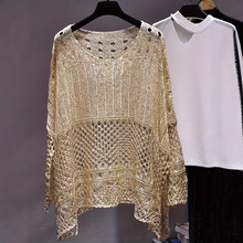 欧美跨境大码胖mm春夏新款时尚洋气减龄勾花镂空百搭针织衫毛衣女