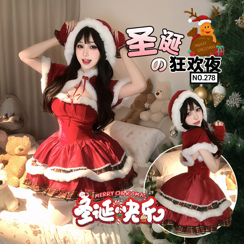 2025圣诞节服装Lolita欧美跨境性感裹胸新年战袍斗篷雪人装连衣裙