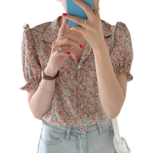 Summer Retro Collared Small Fresh Floral Blouse Bubblesleeve Loose Matchable Short Sleeve Shirt